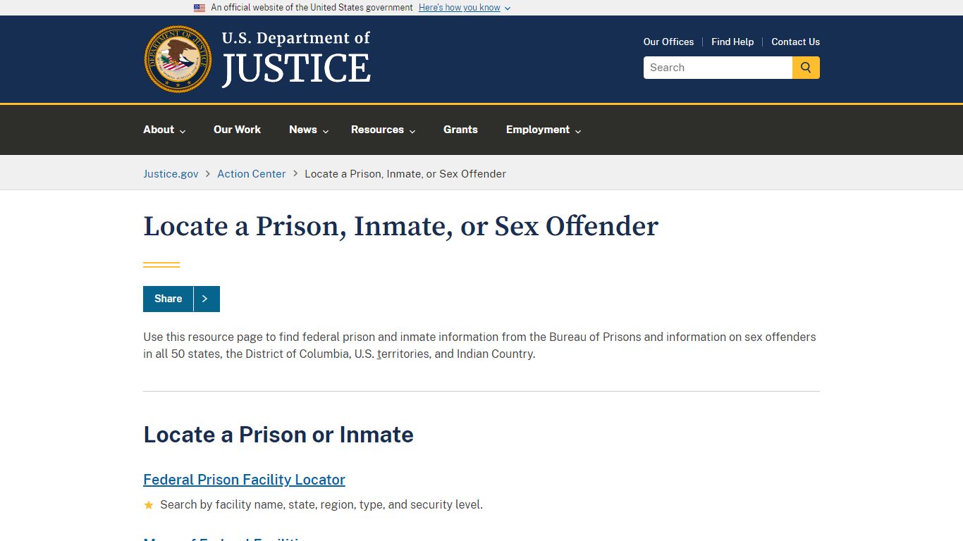 Department of Justice | Locate a Prison, Inmate, or Sex Offender